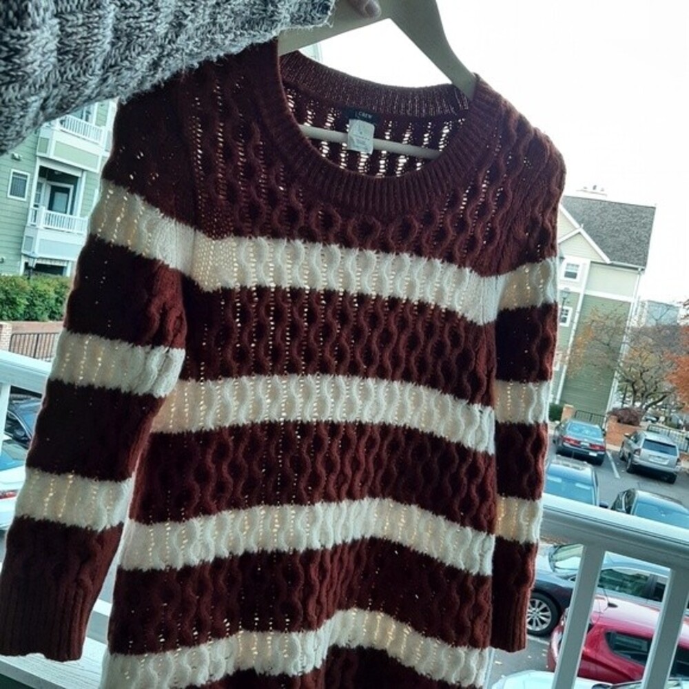 J.Crew 100% Merino Wool Chunky Cable Knit Sweater Small Brown Striped Preppy